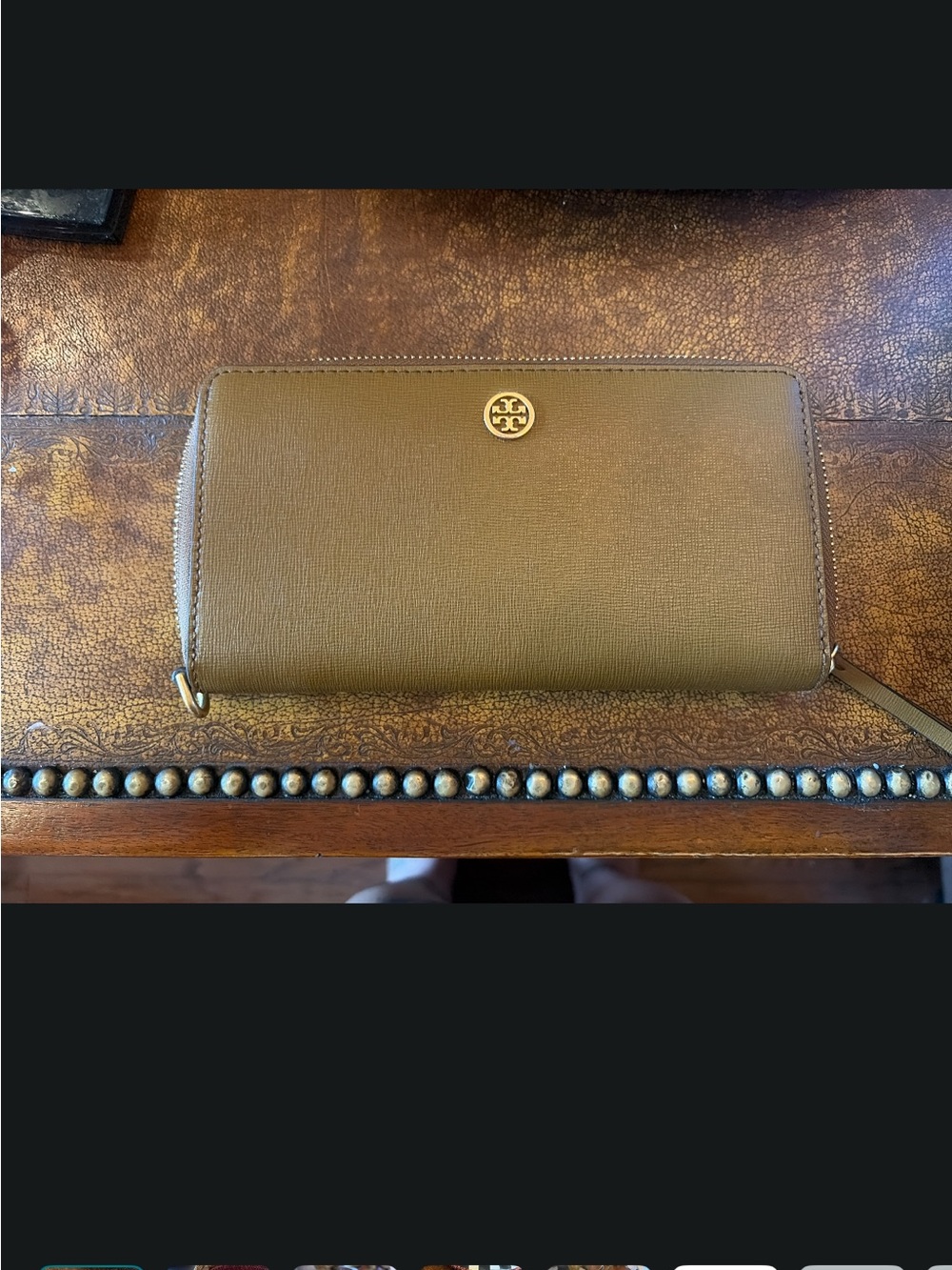 Tory Burch Brown Zip-Around Saffiano Wallet with Gold Logo